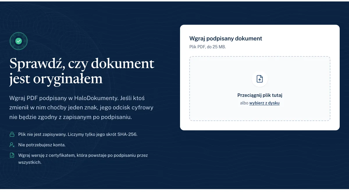 Strona weryfikacji HaloDokumenty z polem do wgrania podpisanego pliku PDF