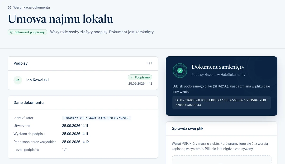 Wynik weryfikacji: dokument podpisany, lista podpisów, daty i odcisk SHA-256 pliku